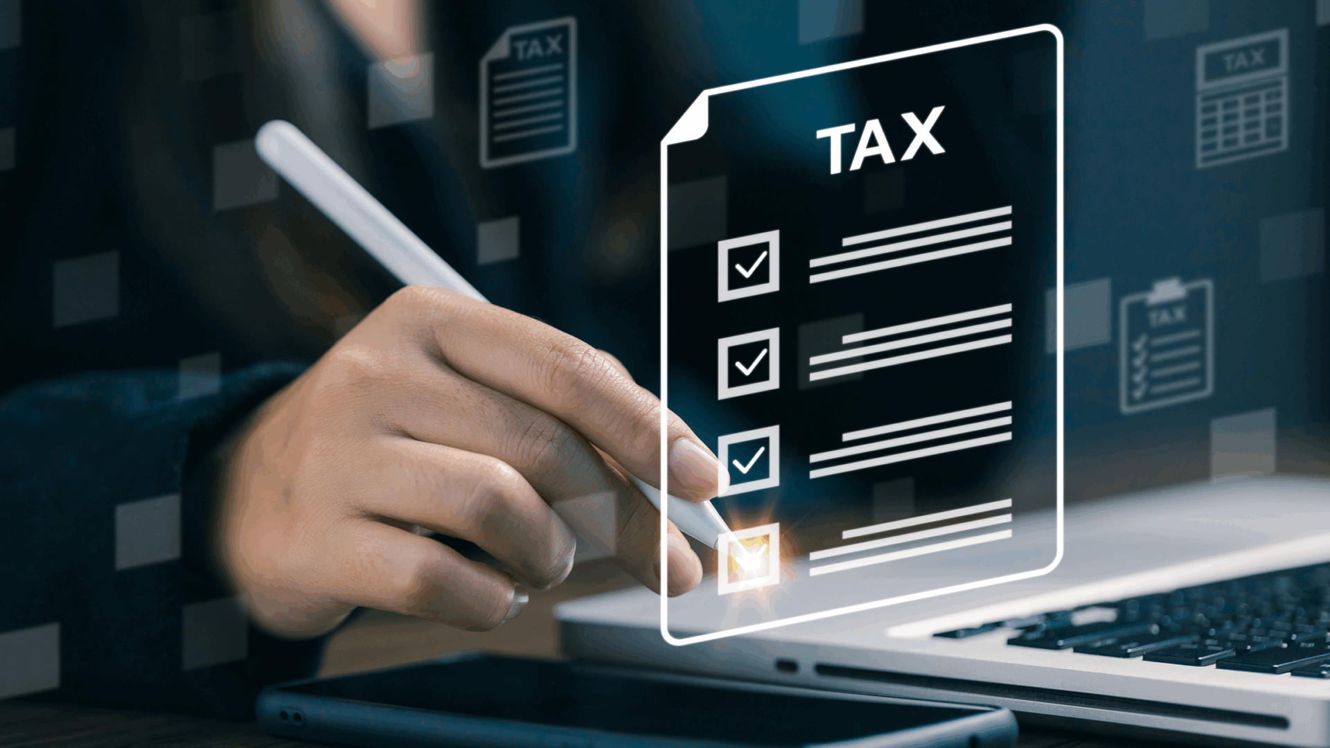 Hand using stylus on tax document