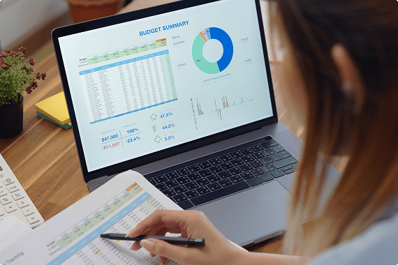 Person analyzing budget summary on laptop
