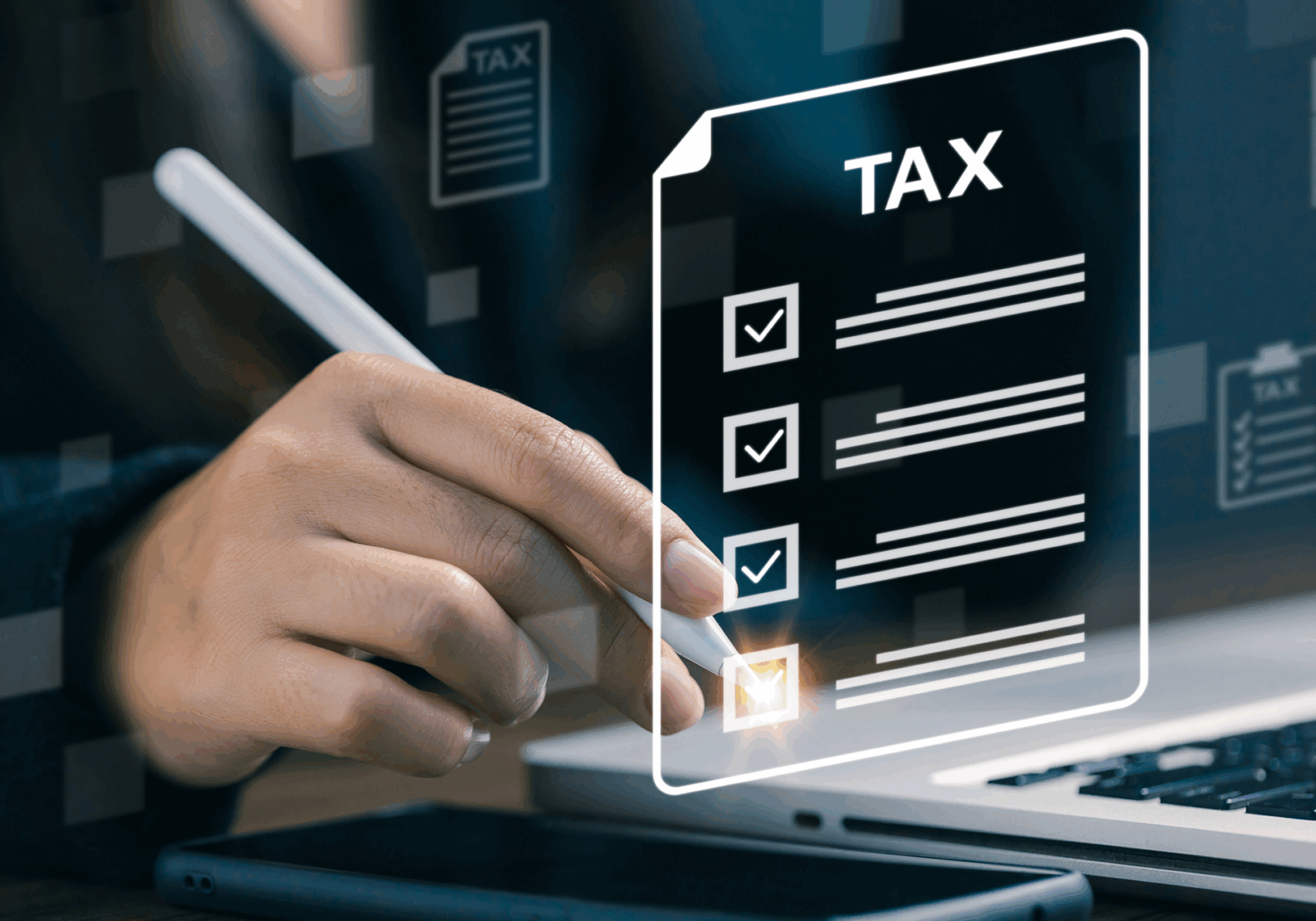 Hand using stylus on tax document